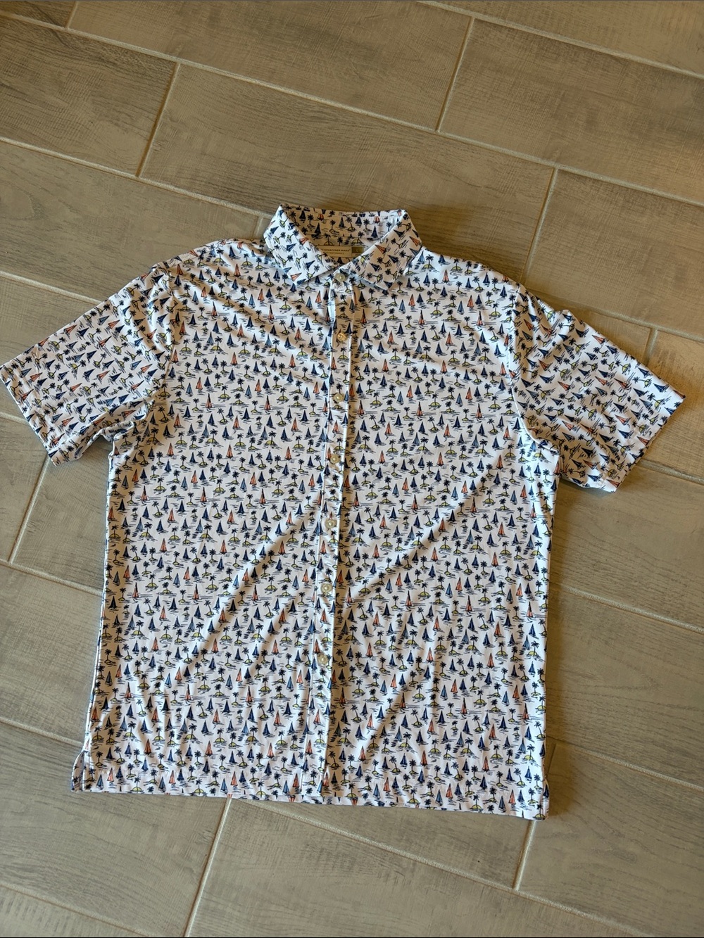 Men's White Short-Sleeve Button-Down Shirt with Nautical Sailboat Print
